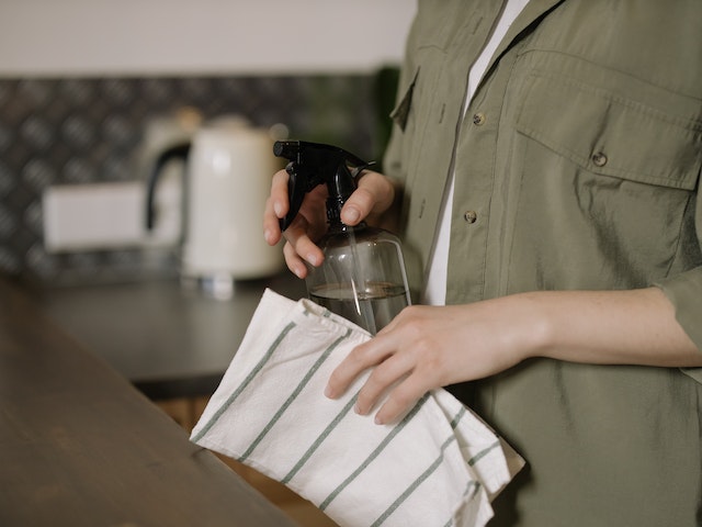 Cropped image of a person in green holding a spray bottle and a tea towel